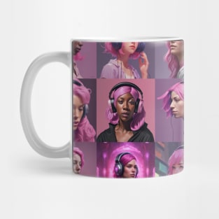 Pink haired ladies with purple headphones Mug